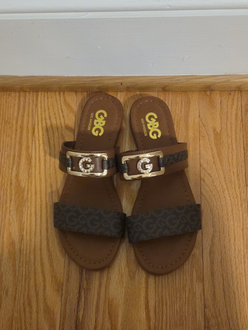 GBG Los Angeles Brown Slide Sandals with Gold Buckle Detail
